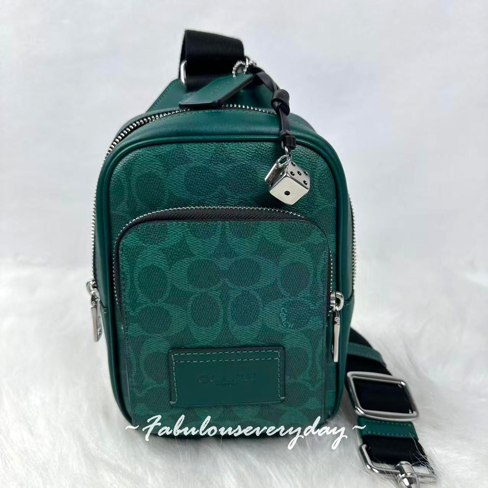 Coach Racer Sling Pack Signature Canvas With Charms/Silver/Sea Green CEB27 NWT